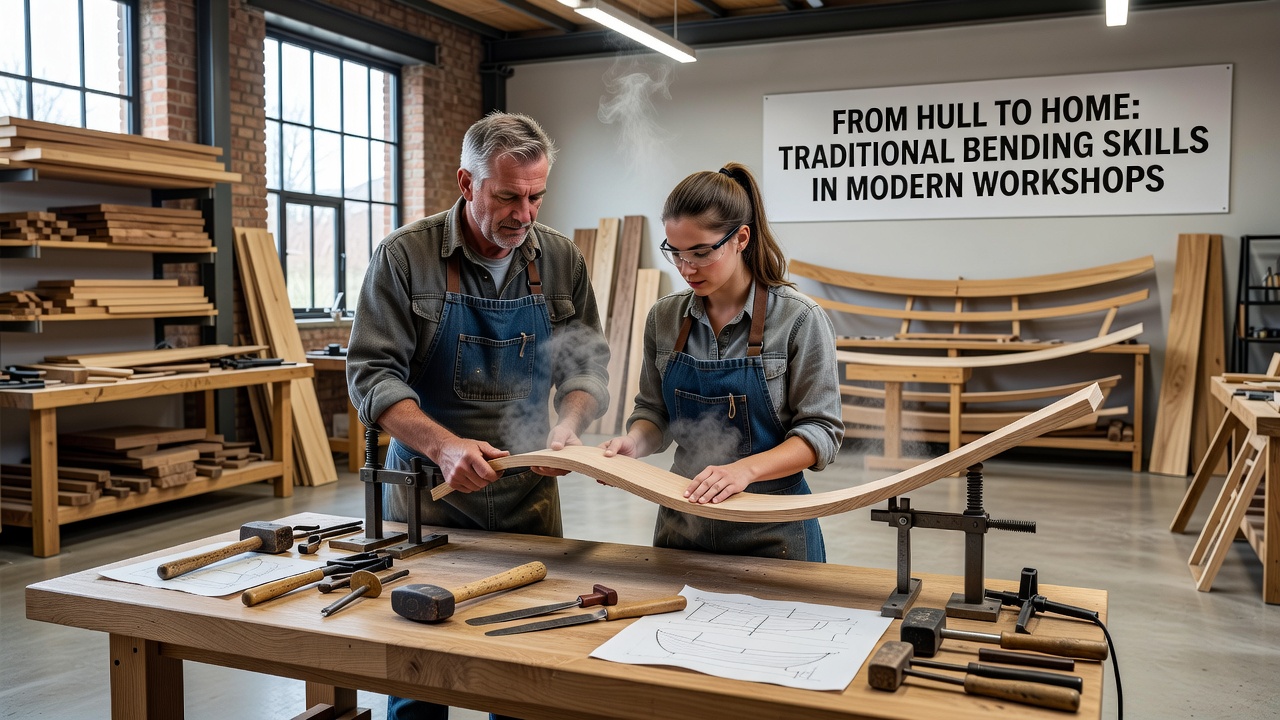 Apprentices working alongside experienced woodworkers on steam-bent furniture components in a shared workshop space