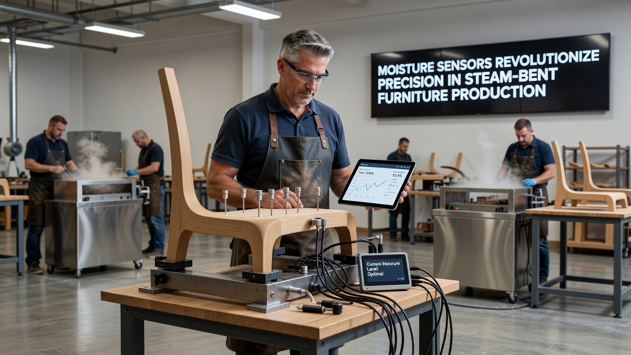 Workshop scene showing steam bending equipment paired with digital moisture monitoring displays and curved furniture components