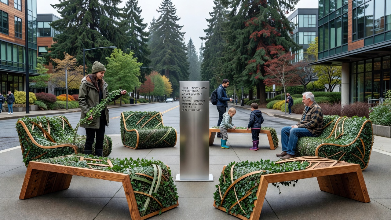 Finished hybrid-bent eco-furniture pieces installed in a Pacific Northwest public park setting